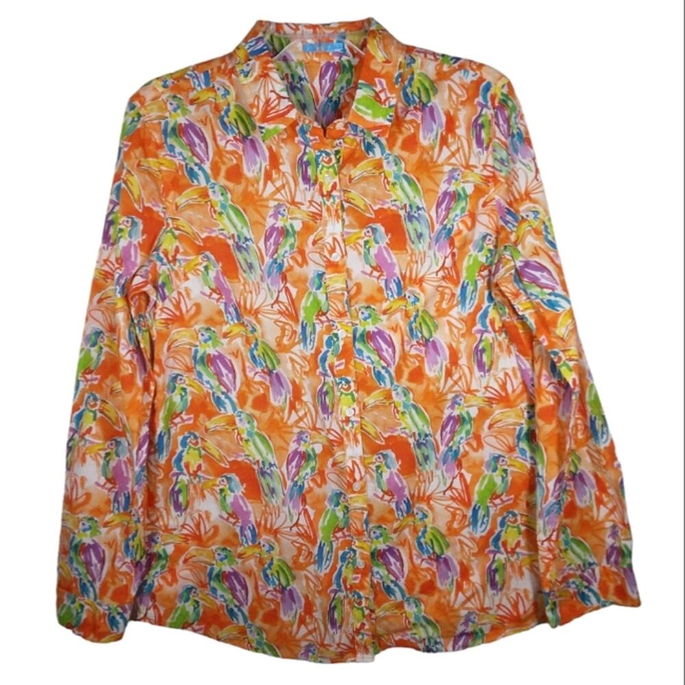 J. McLaughlin Toucan Tropical Button Down Shirt Orange size Large